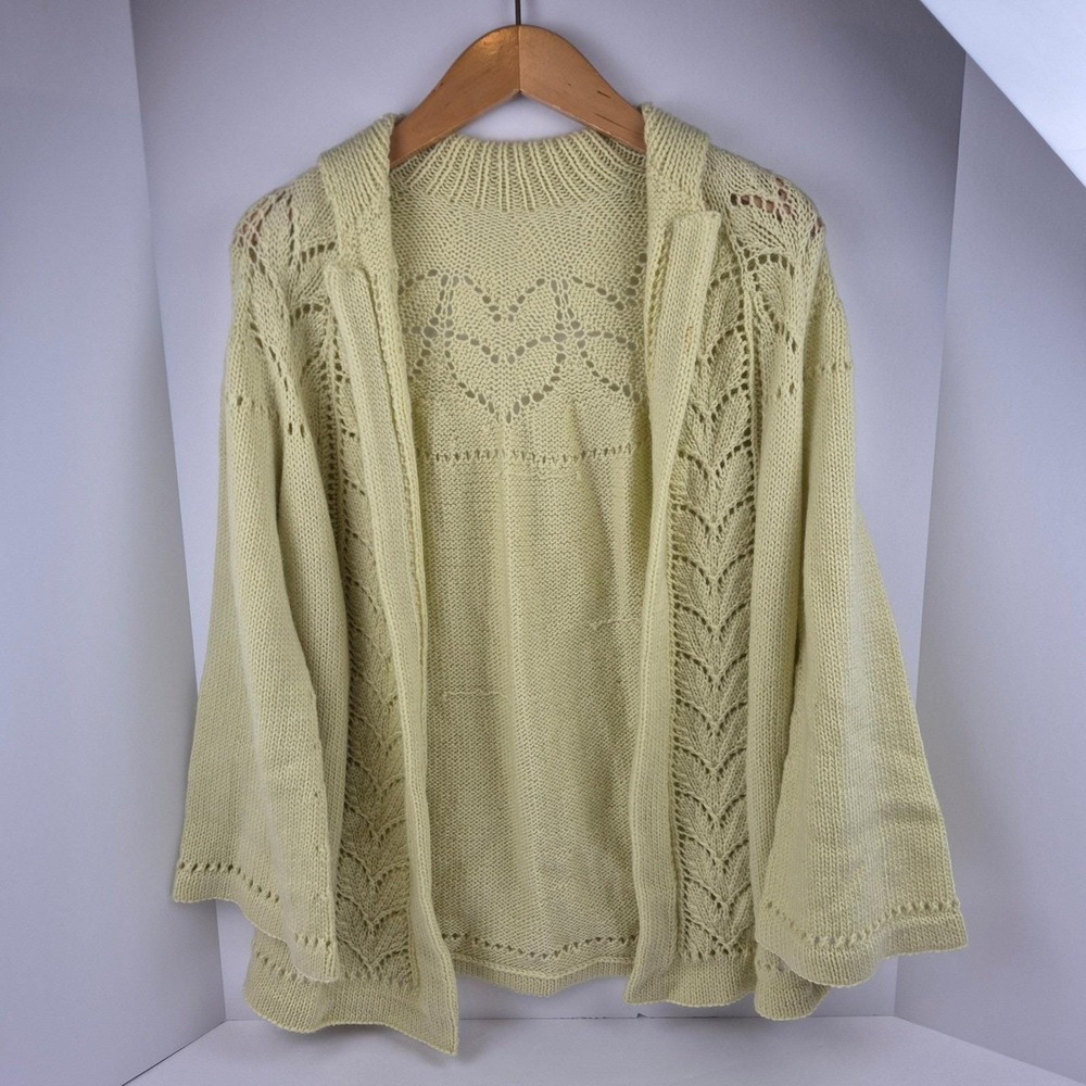 Handmade Open Knit Cardigan Sweater Womens Small Yellow Cable Detail Cottagecore